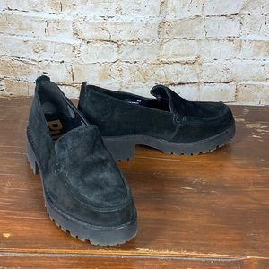 Hush Puppies Size 7 Wide Lucy Loafer Chunky Lug Sole Suede Leather Black